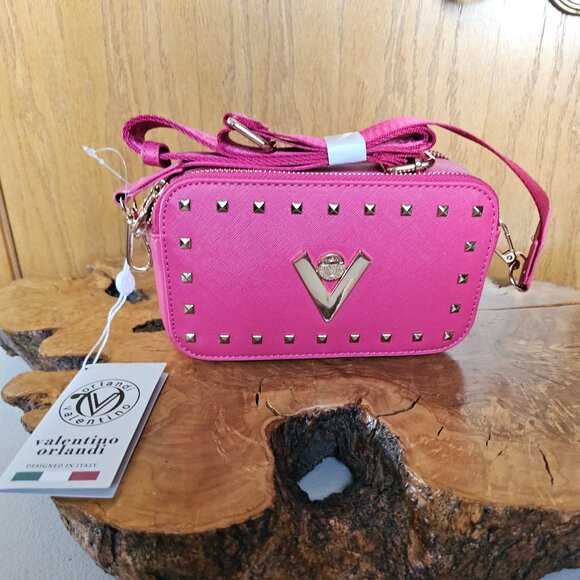Valentino Orlandi Crossbody Camera Bag Hot Pink Gold Studding Detail, Vegan - Picture 1 of 3